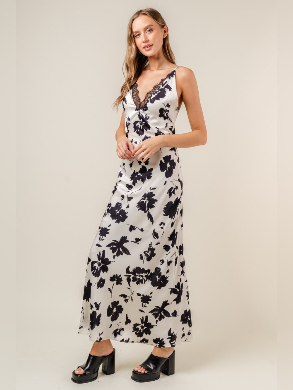 FORE Floral Lace-Trim silk Slip Dress in Ivory and Black size large